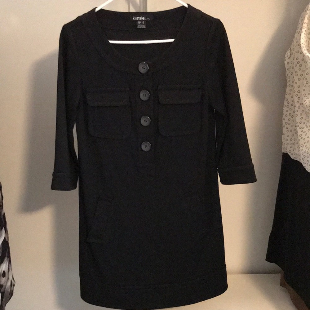 EUC KENSIE BLACK 3/4 SLEEVE DRESS BUTTONS & POCKET ACCENTS 2 LINED POCKETS. SZ M